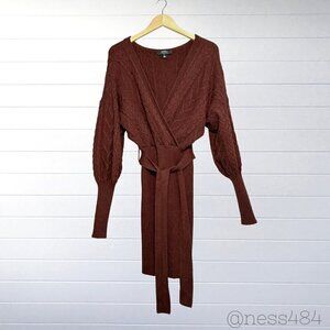 HERA Collection Cable Knit Wrap Sweater‎ Dress Belted Long Sleeve Brown Size L
